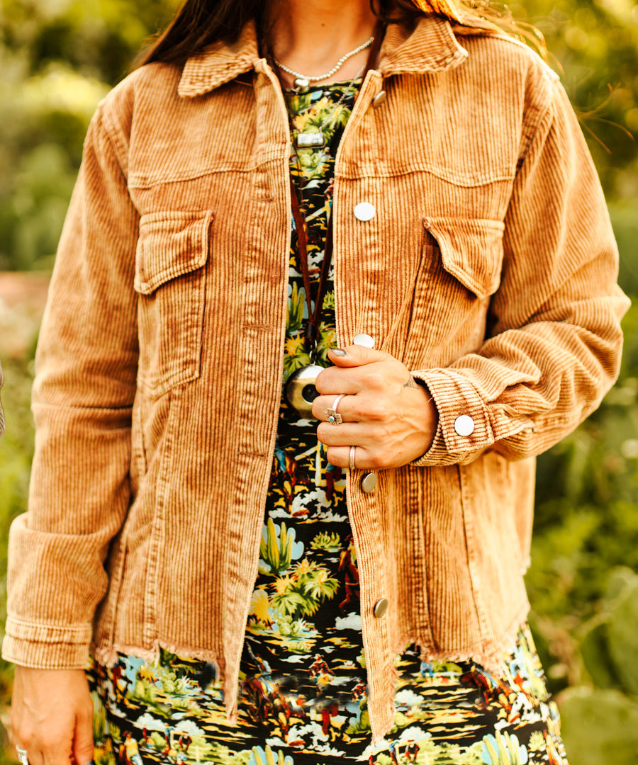 Women's Camel Corduroy Button Down Shacket