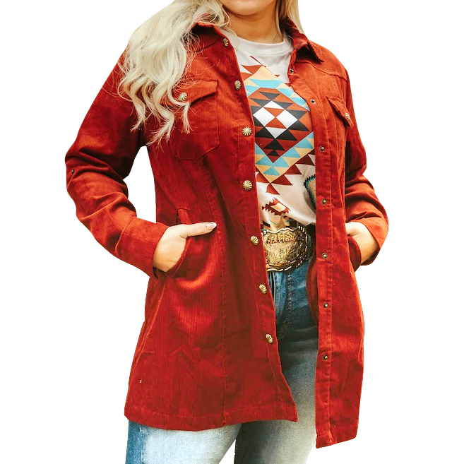 Women's Corduroy Pearl Snap Tunic Shacket