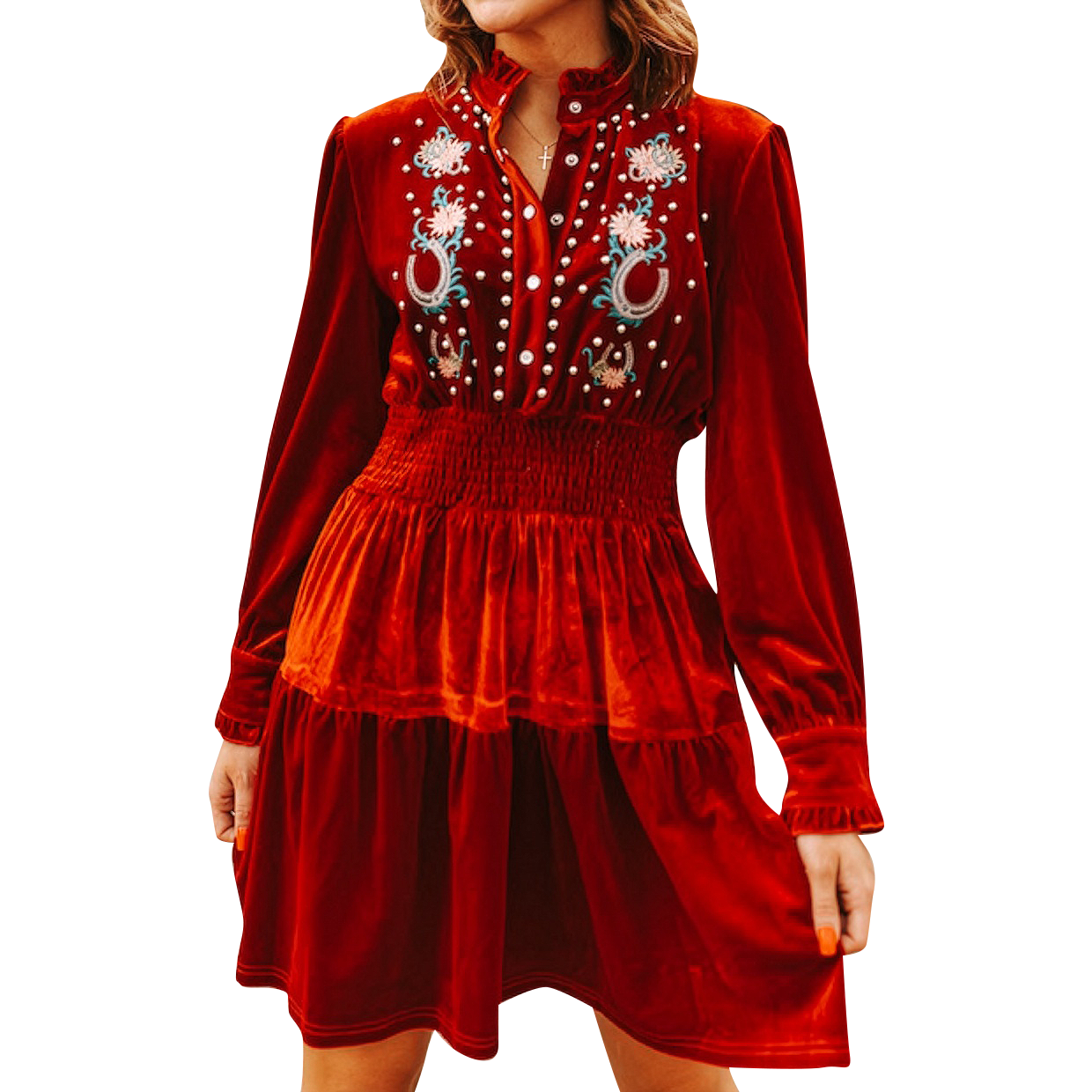 Women's Velvet Embroidered Elastic Waist Ruffle Dress