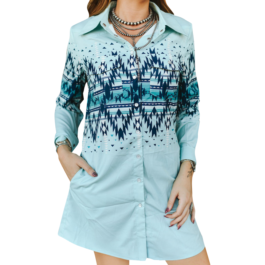 Women's Aztec Printed Pearl Snap Collared Tunic Shirt Dress