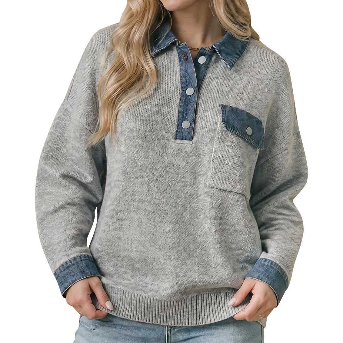 Women's Denim Collar & Cuff Knit Sweater