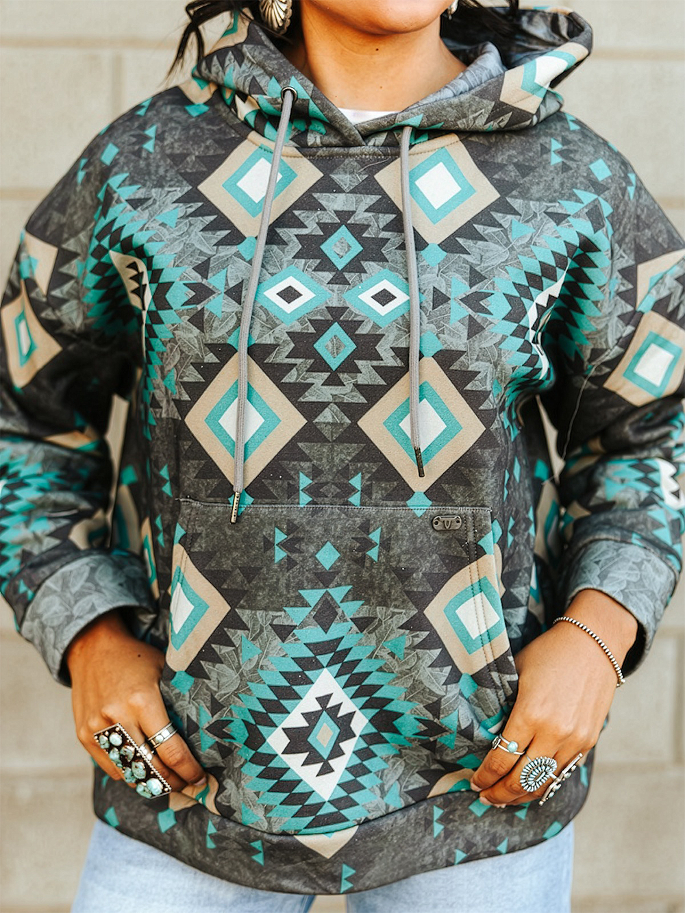 Women's Vintage Aztec Printed Drawstring Hoodie