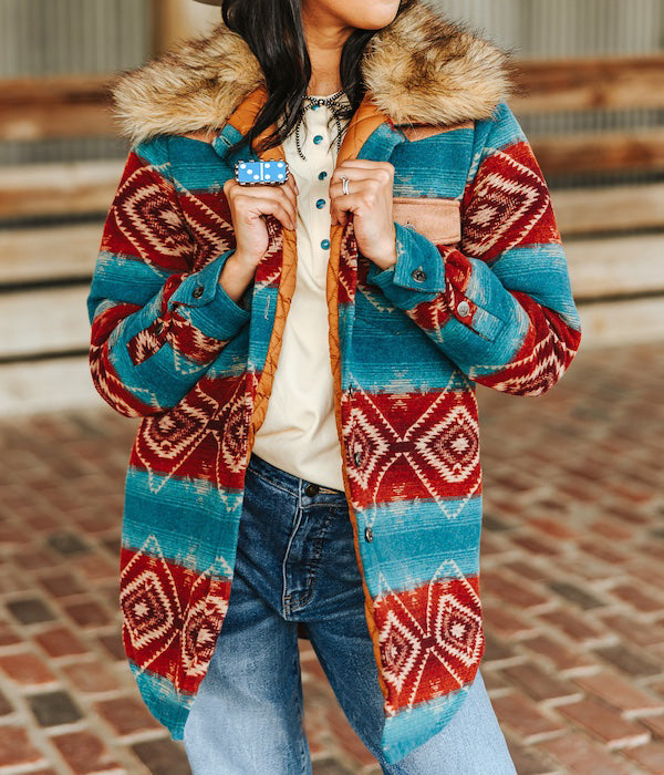 Aztec Maroon Jade Quilted Lined Fur Collar Jacket