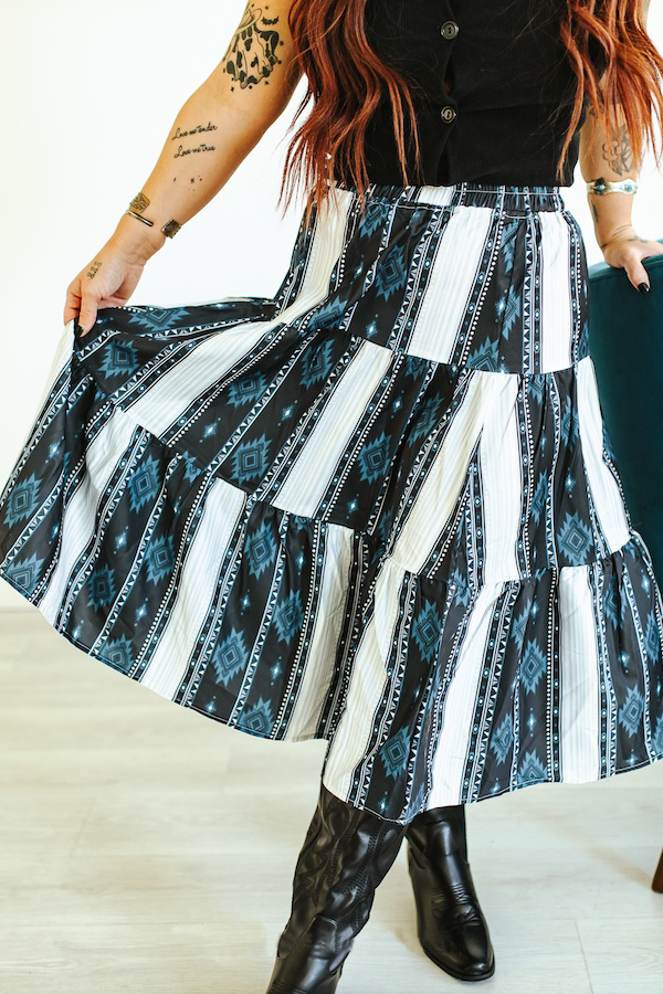 Serape Aztec Printed Ruffle Maxi Skirt
