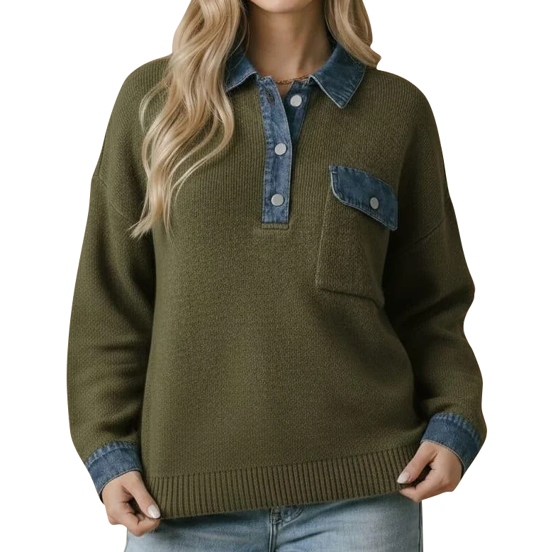 Women's Denim Collar & Cuff Knit Sweater