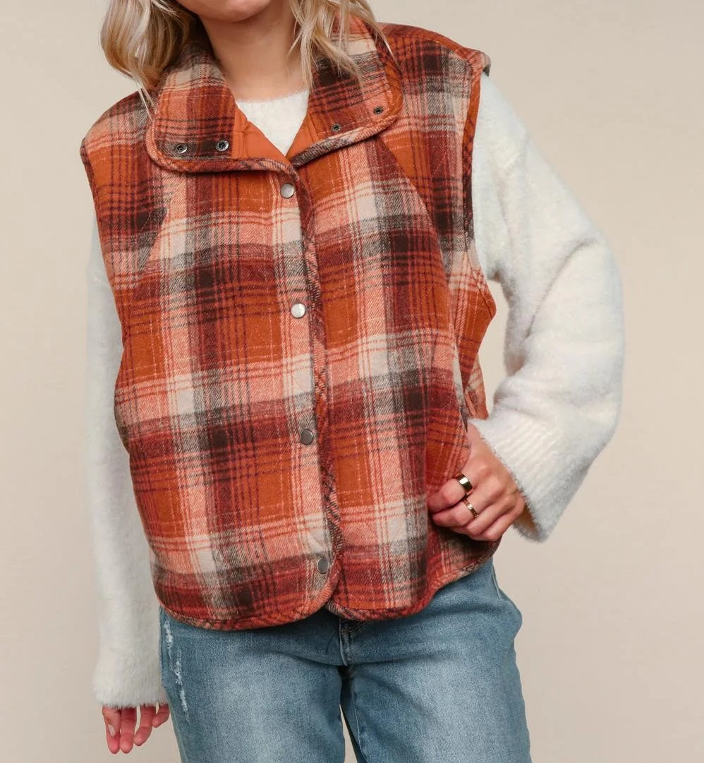 Womens High-Neck Button Up Plaid Puffer Vest