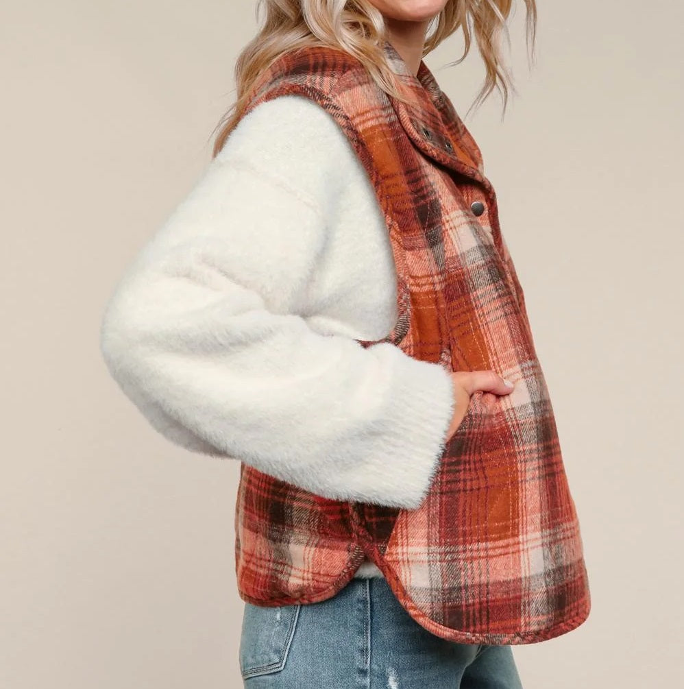 Womens High-Neck Button Up Plaid Puffer Vest