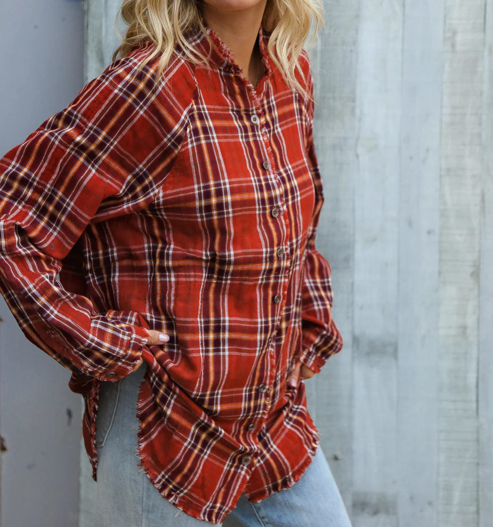 Women's Double Plaid Rust Button Up Top