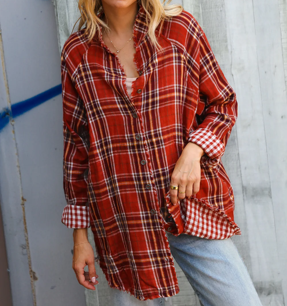 Women's Double Plaid Rust Button Up Top