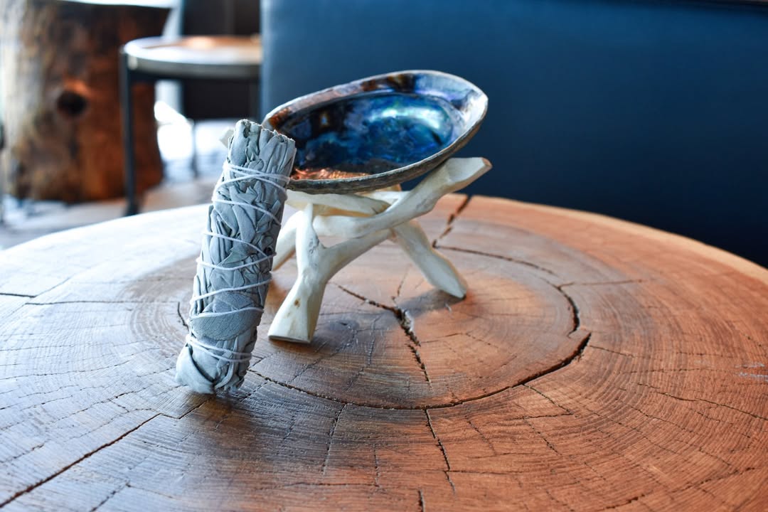 Wooden Tripod Stand with Abalone Smudging Shell