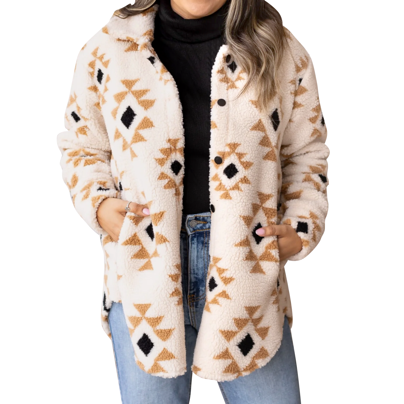 Women's Aztec Pattern Button Down Sherpa Jacket