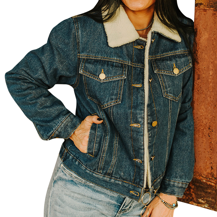 Women's Sherpa Lined Collared Denim Jacket