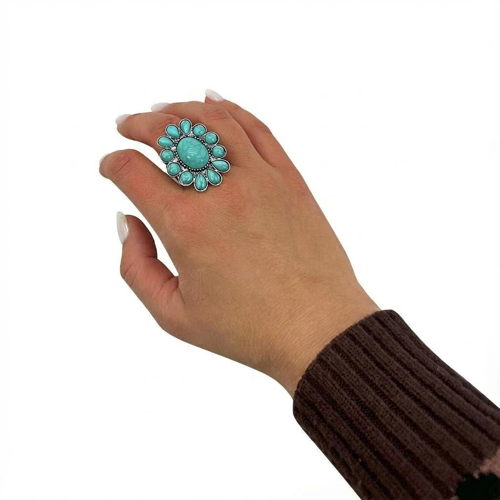 Silver Stretch Concho Turquoise Ring
