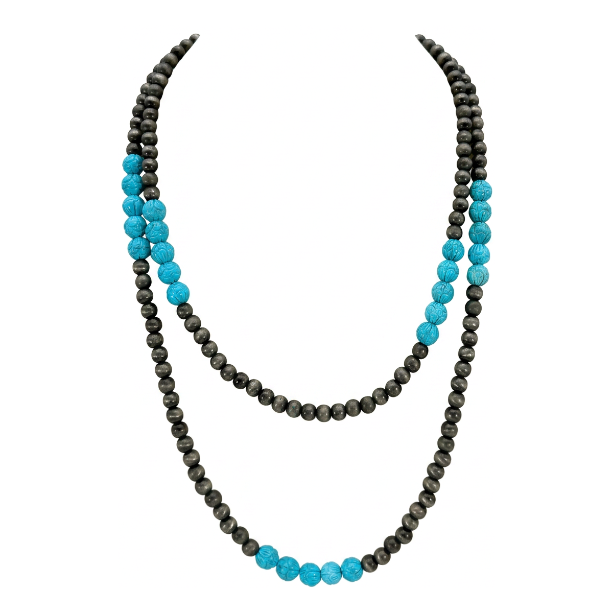 Navajo Pearl Long Silver-Tone & Turquoise Bead Necklace