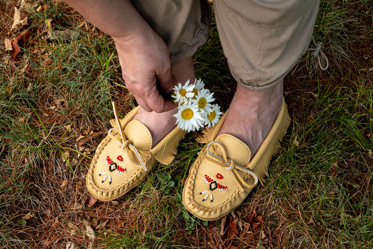 Women's Earthing Moccasins Fringed Beaded Leather