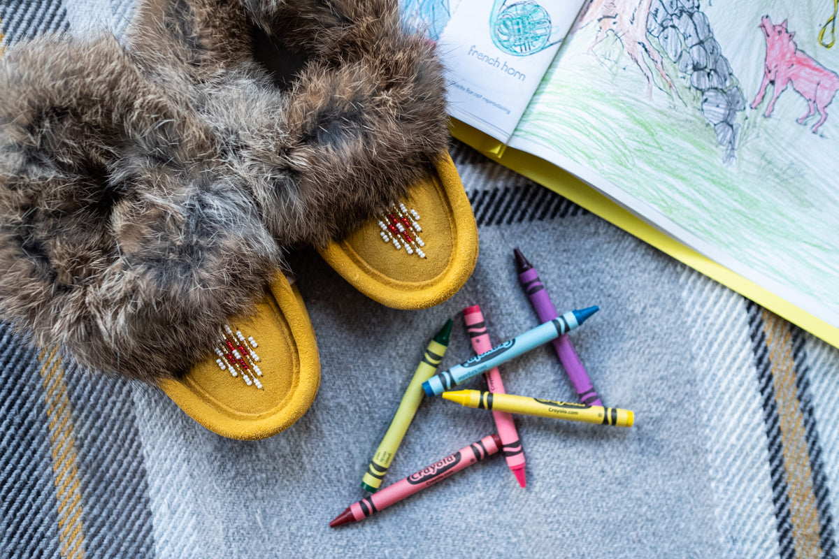 Children's Lined Rabbit Fur Indian Tan Beaded Moccasins