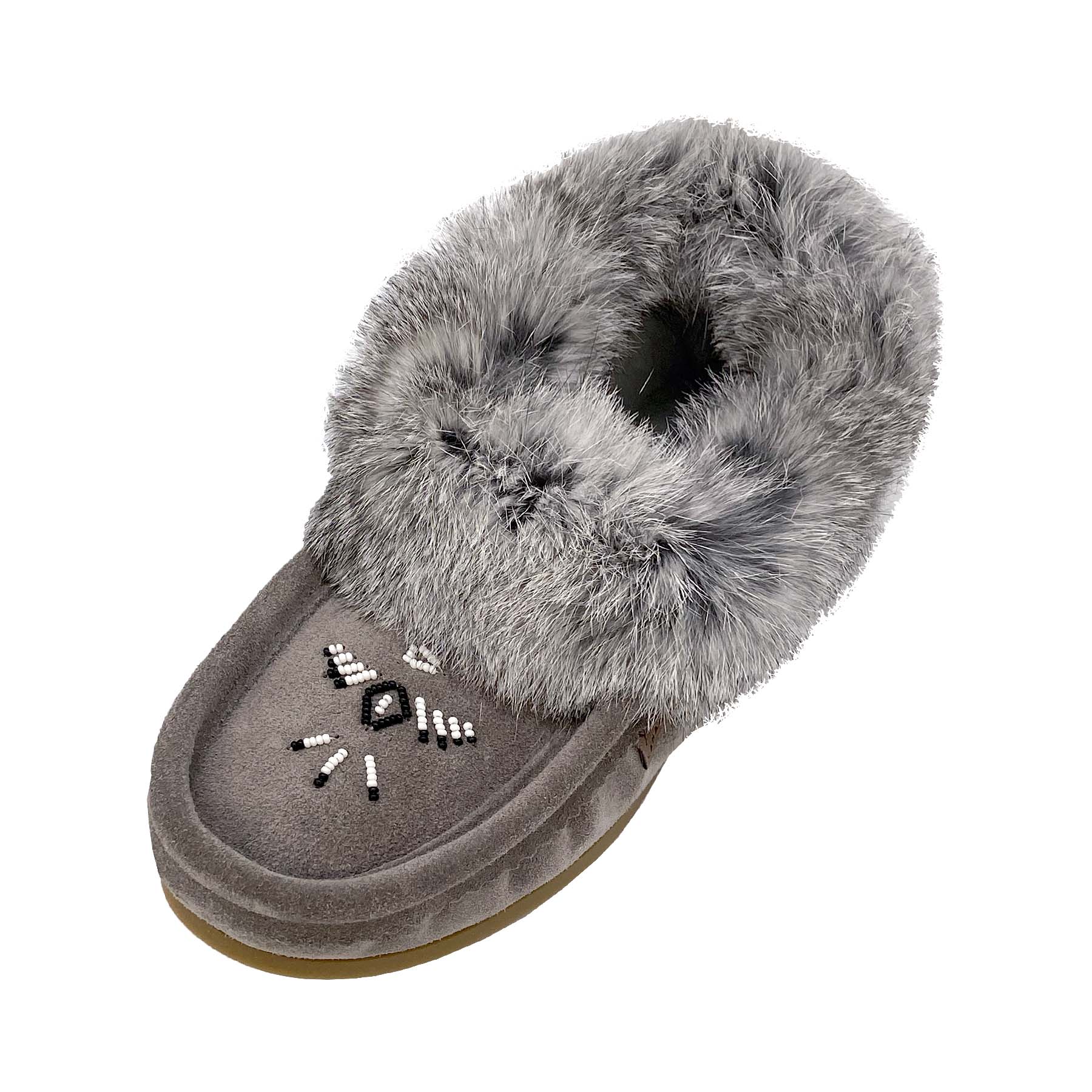 Crepe Sole Fleece Lined Ladies Moccasin Slippers with Rabbit Fur Trim