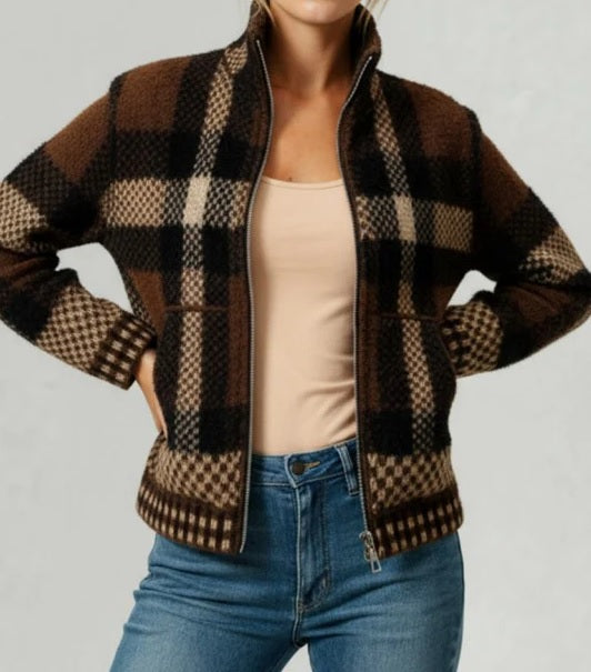 Women's High-Neck Plaid Zip-Up Cardigan Sweatshirt