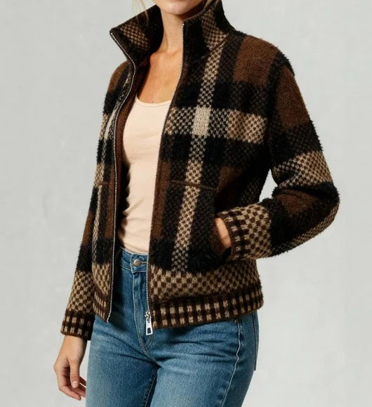 Women's High-Neck Plaid Zip-Up Cardigan Sweatshirt