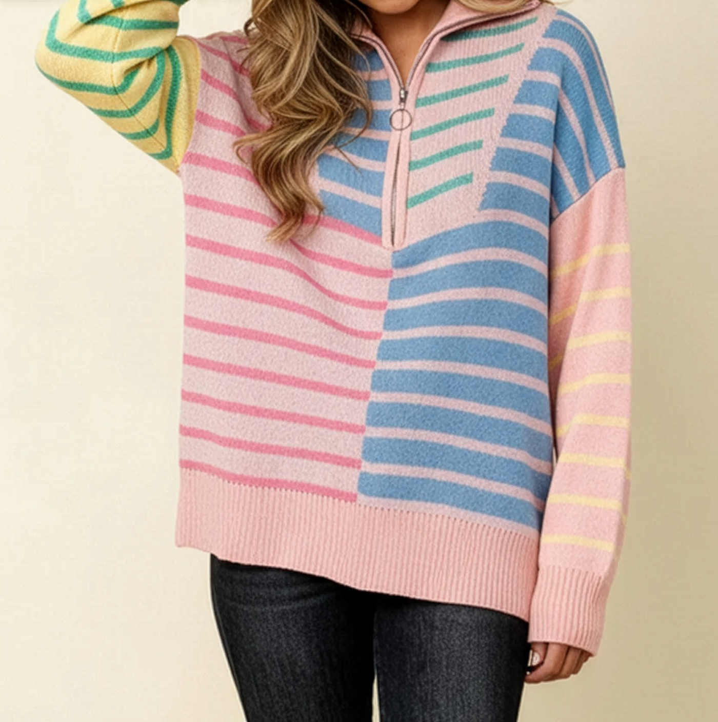 Women's Quater-Zip Striped Oversized Knit Sweater