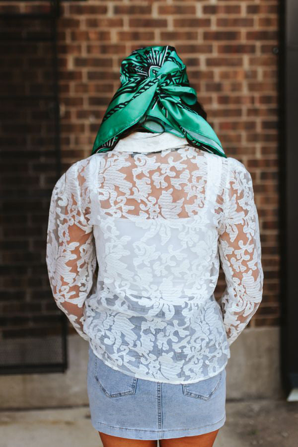 Women's Ivory Lace Puff Sleeve Button Up Shirt