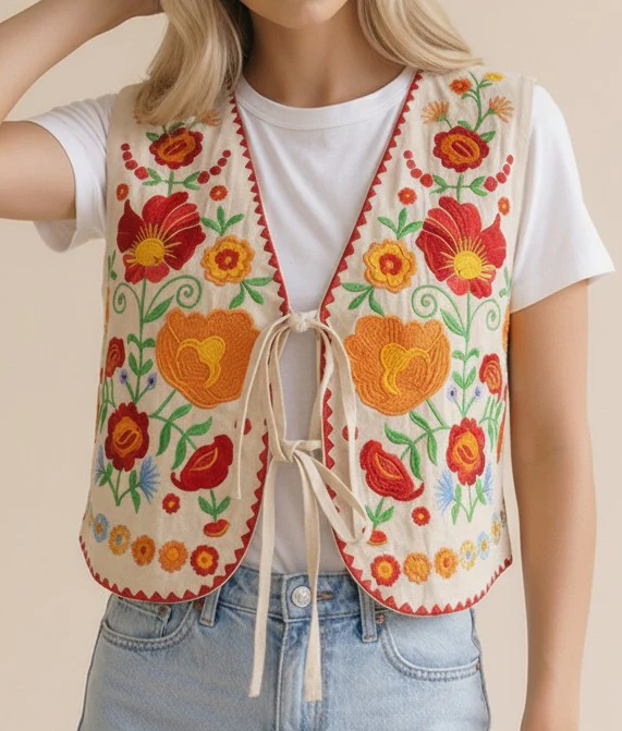 Women's Floral Embroidered Tie Front Vest