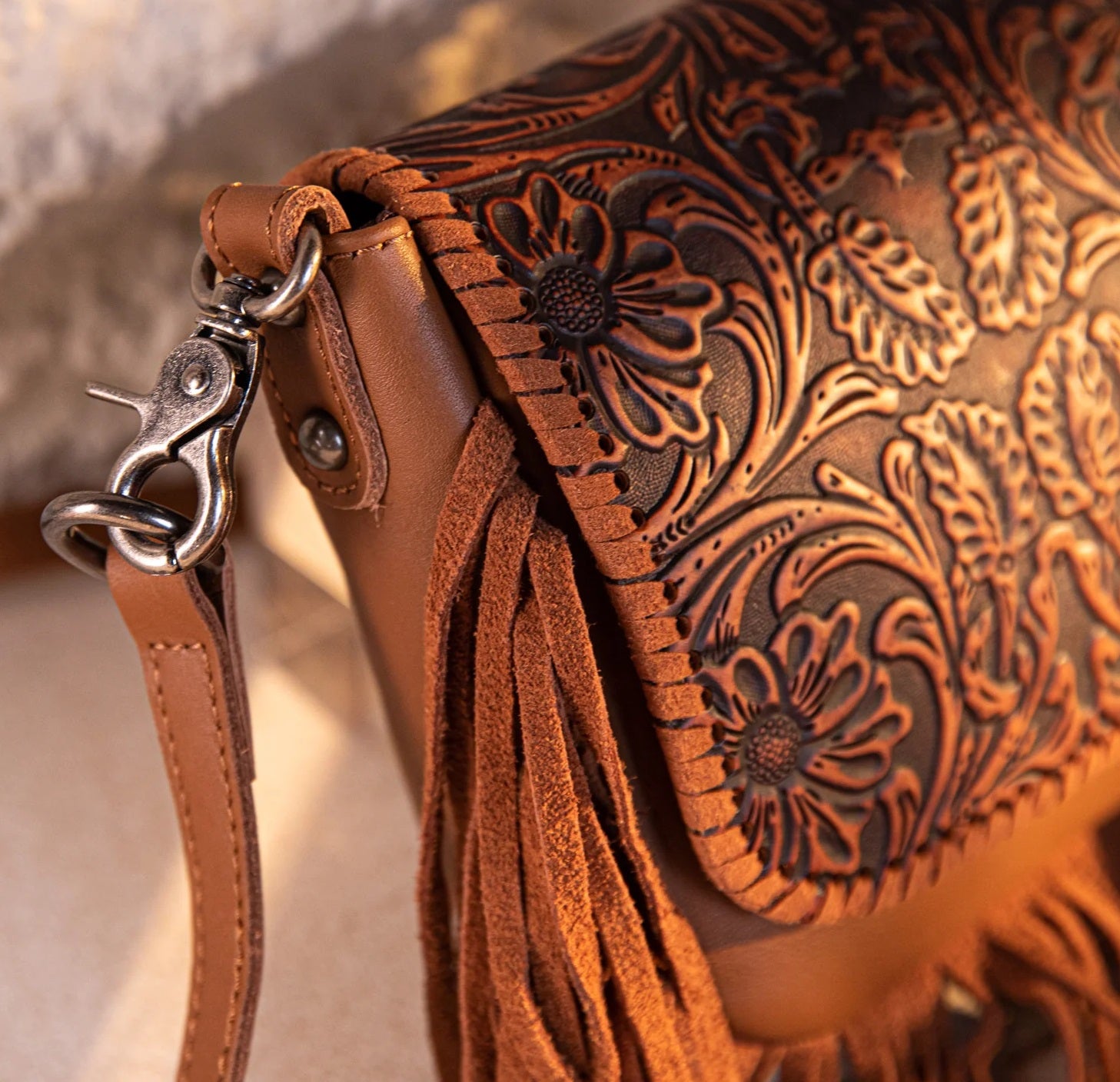 Genuine Leather Tooled Fringe Crossbody Purse