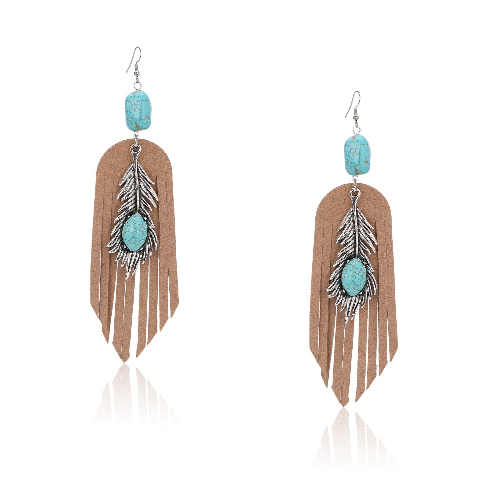 Turquoise Stone Suede Tassels Statement Earrings