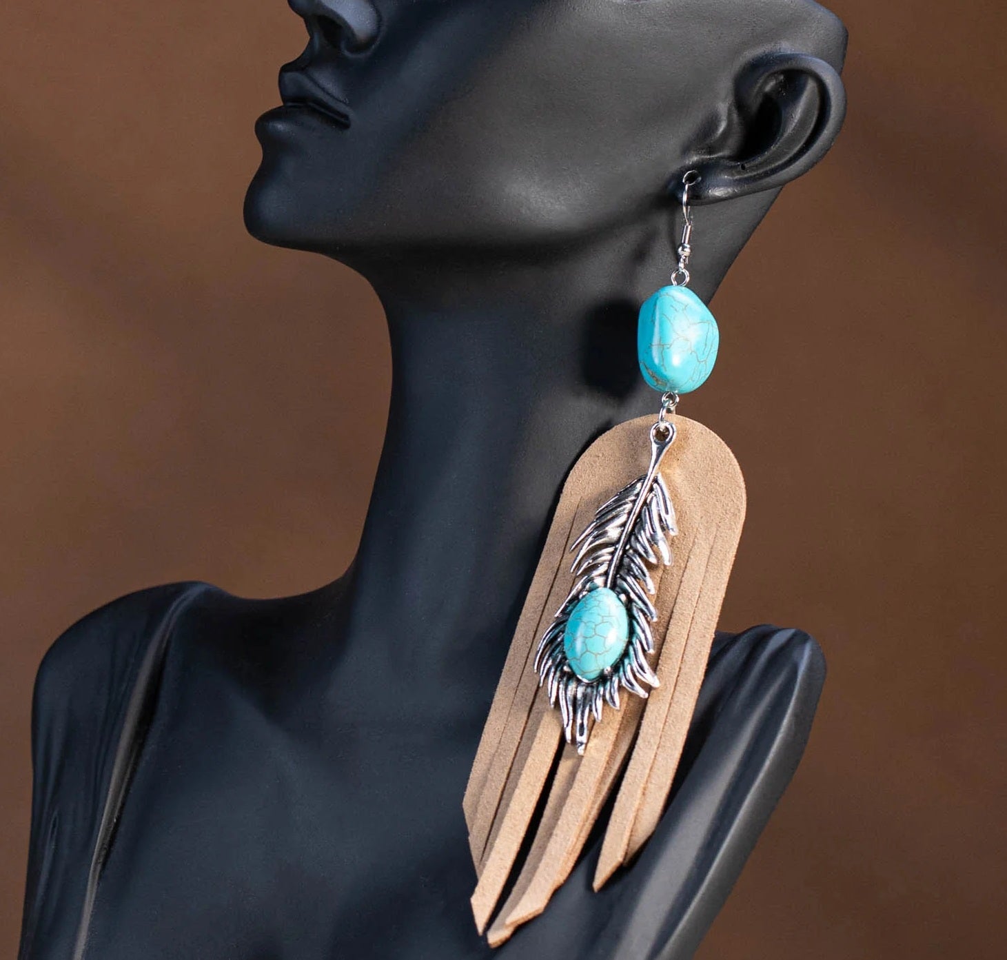 Turquoise Stone Suede Tassels Statement Earrings