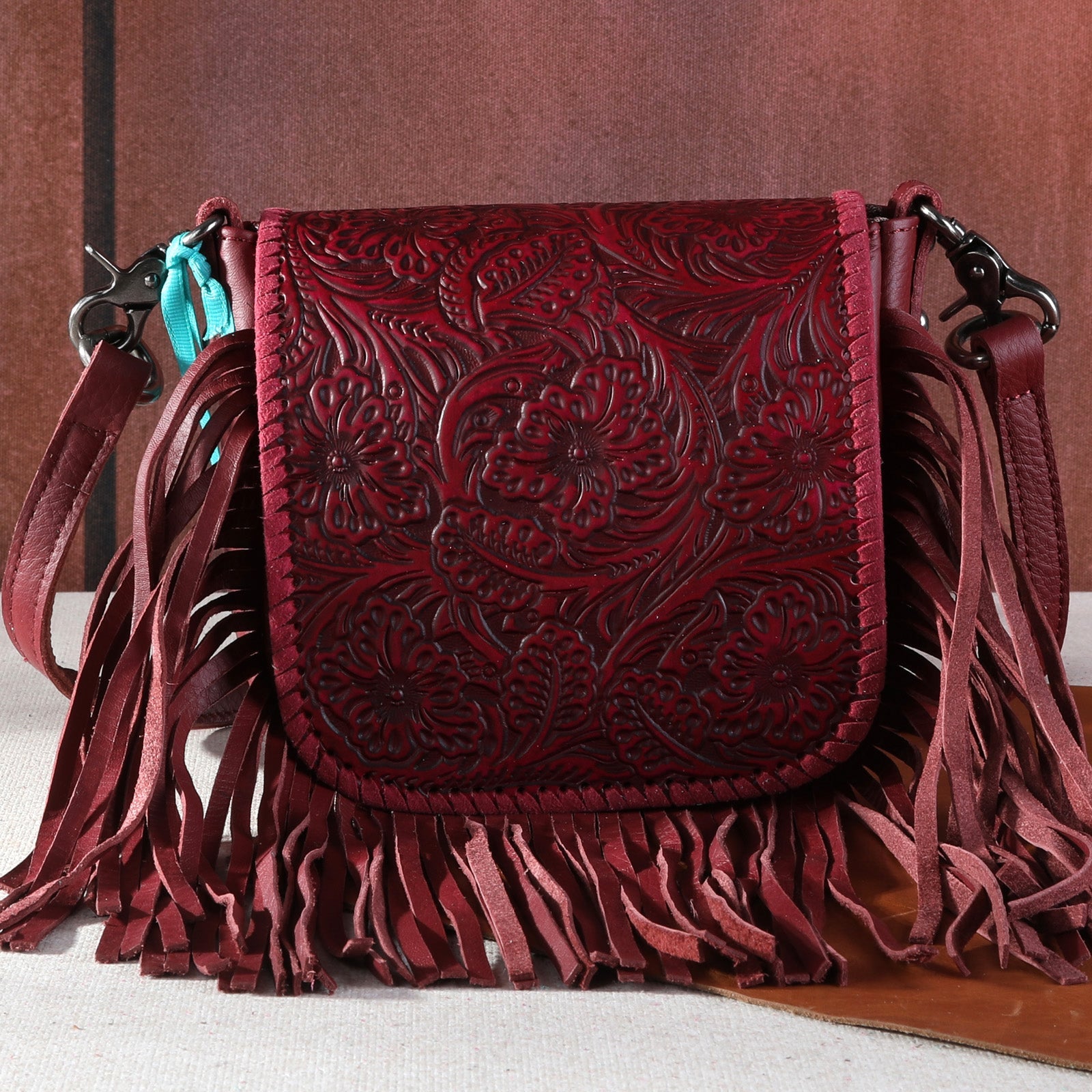 Genuine Leather Tooled Floral Fringe Crossbody Purse