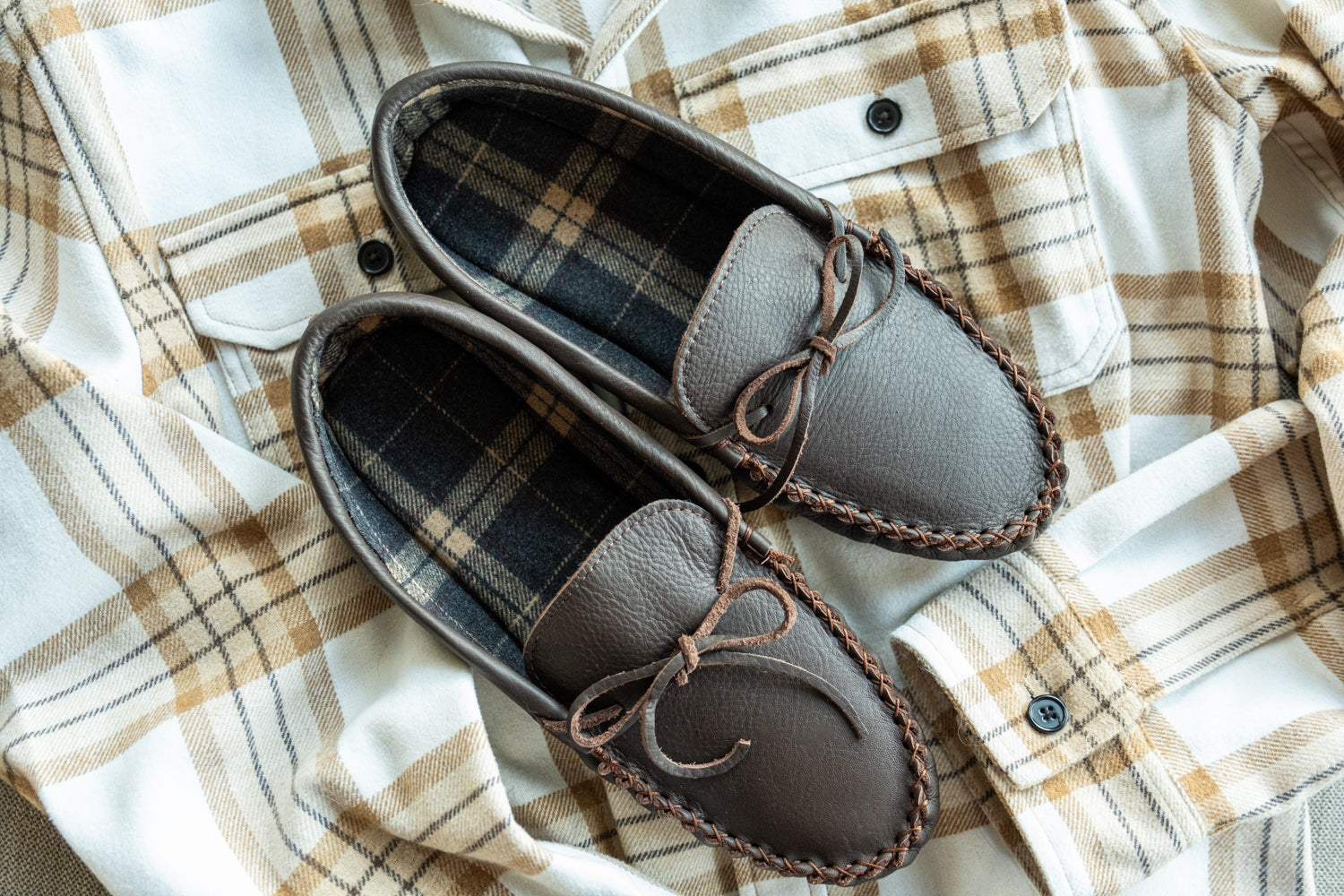 Men's Tartan Lined Leather Moccasins Slippers (Clearance)