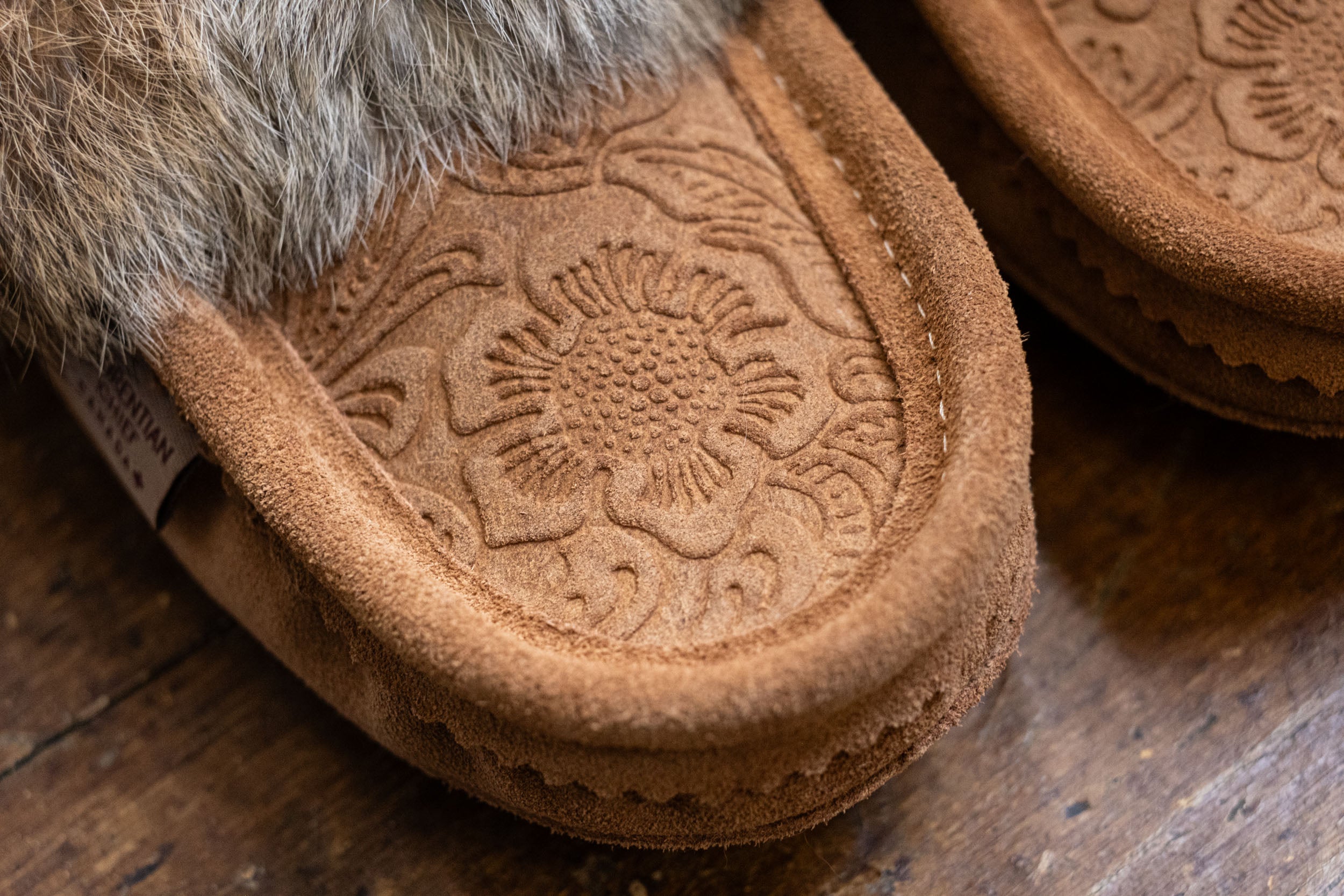 Women's Floral Embossed Rabbit Fur Moccasins