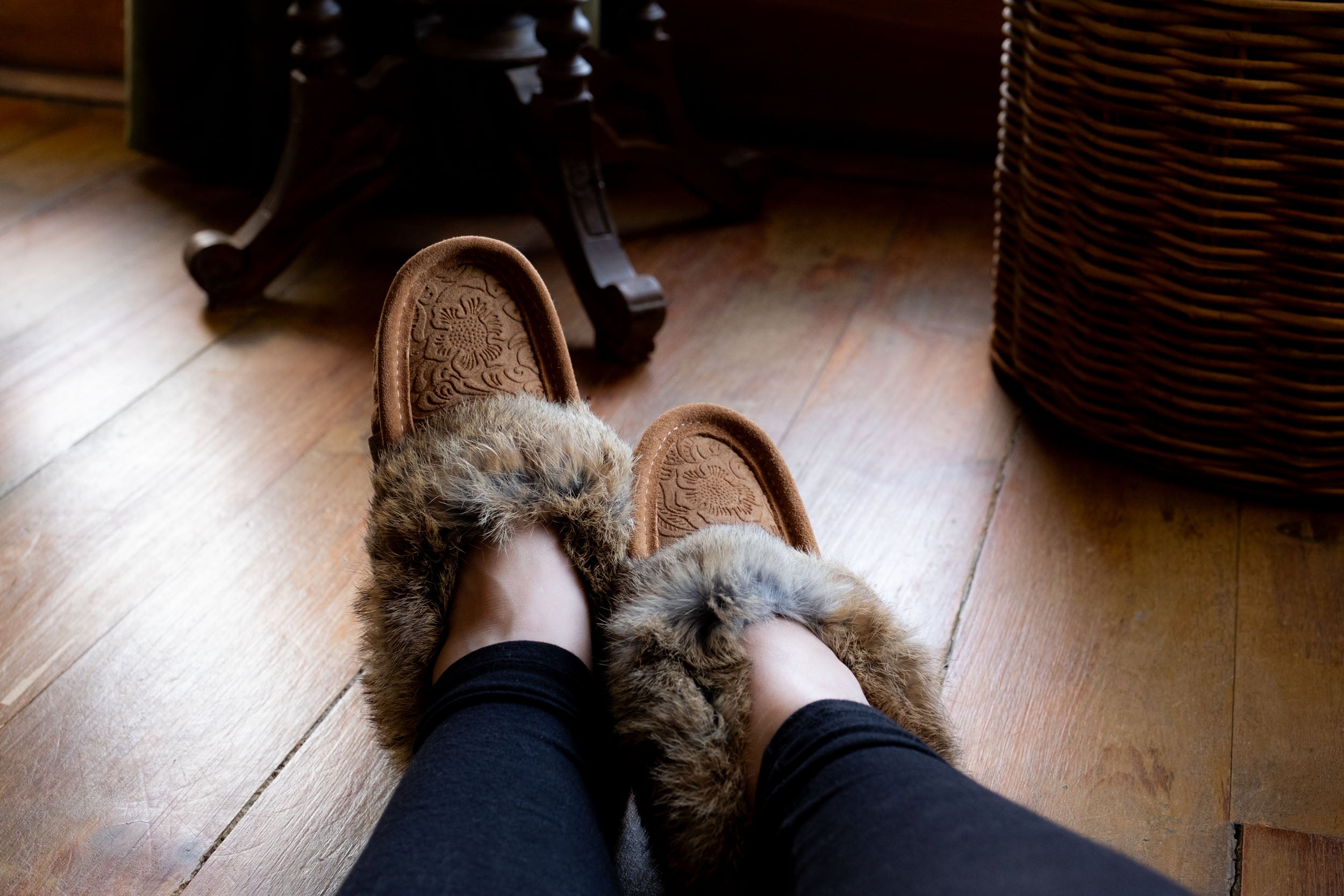 Women's Floral Embossed Rabbit Fur Moccasins