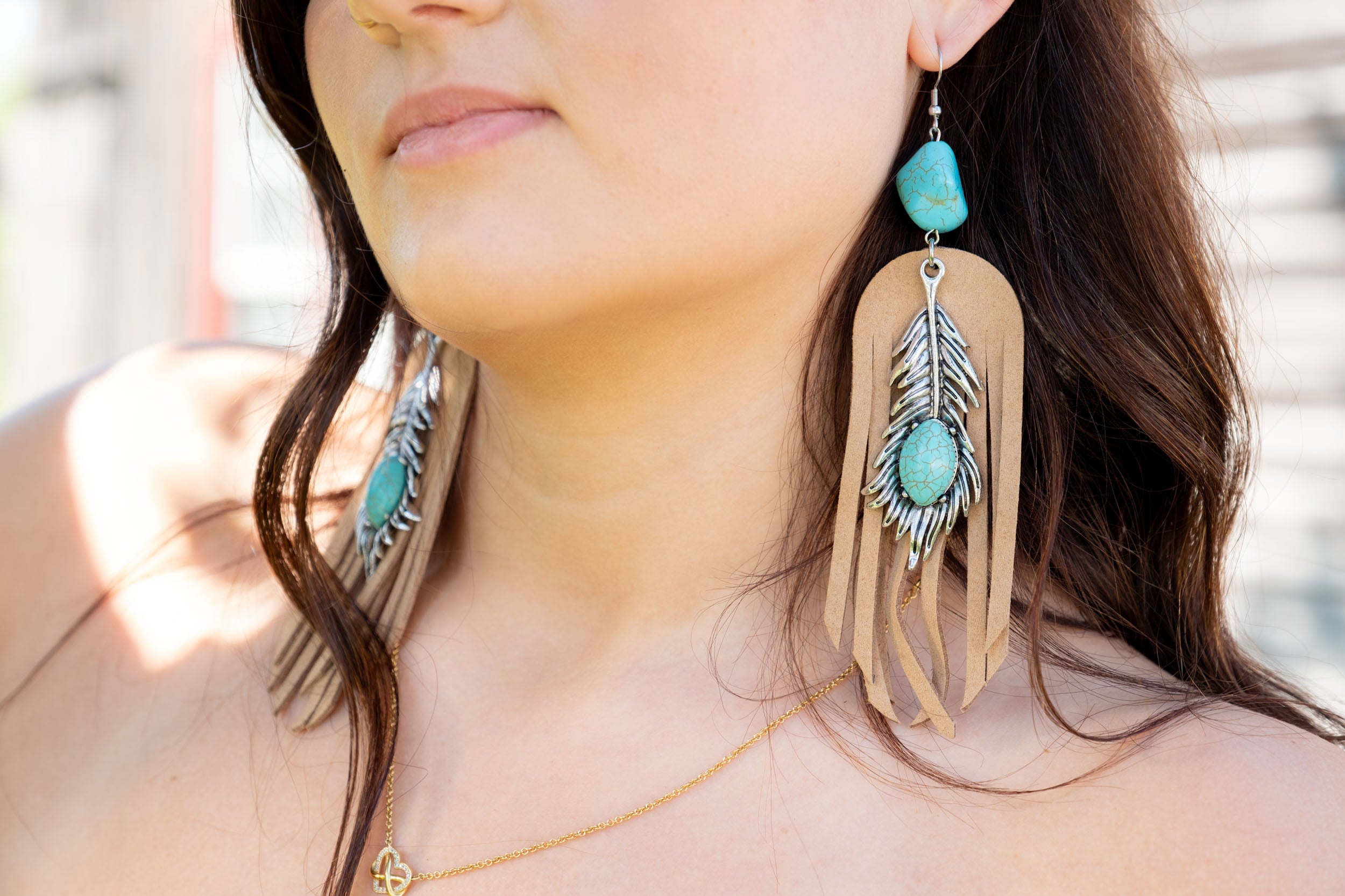 Turquoise Stone Suede Tassels Statement Earrings