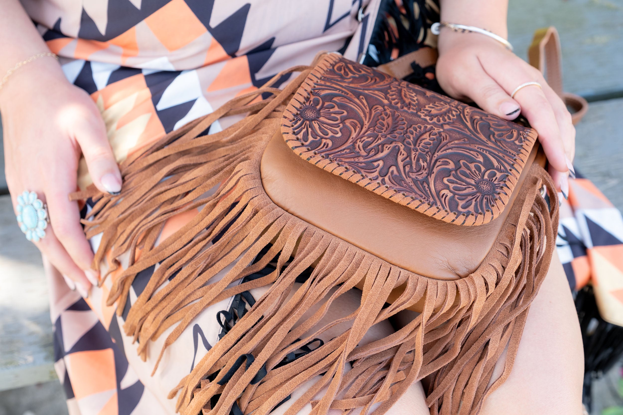 Genuine Leather Tooled Fringe Crossbody Purse