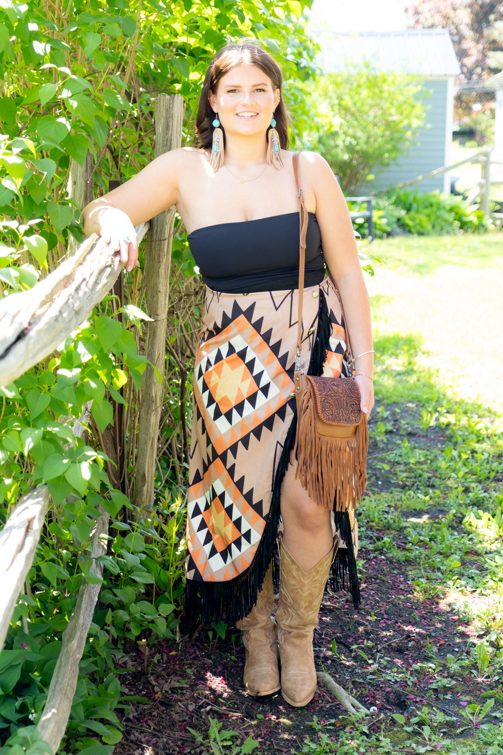 Aztec Asymmetrical Concho Button Wrap Fringe Skirt