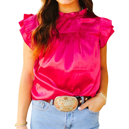 Women's Pink Satin Pleated Ruffle Sleeveless Top