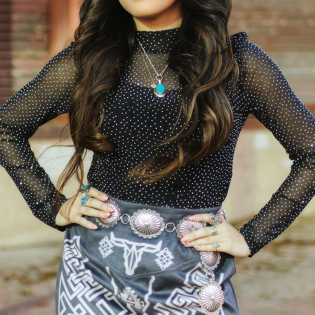 Women's Rhinestone Lined Long Sleeve Mesh Bodysuit