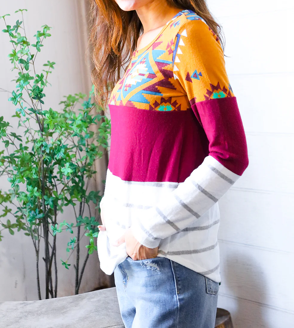 Women's Tribal Color Block Long-Sleeve Top 7th Roy