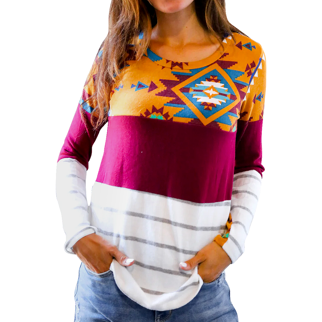 Women's Tribal Color Block Long-Sleeve Top 7th Roy