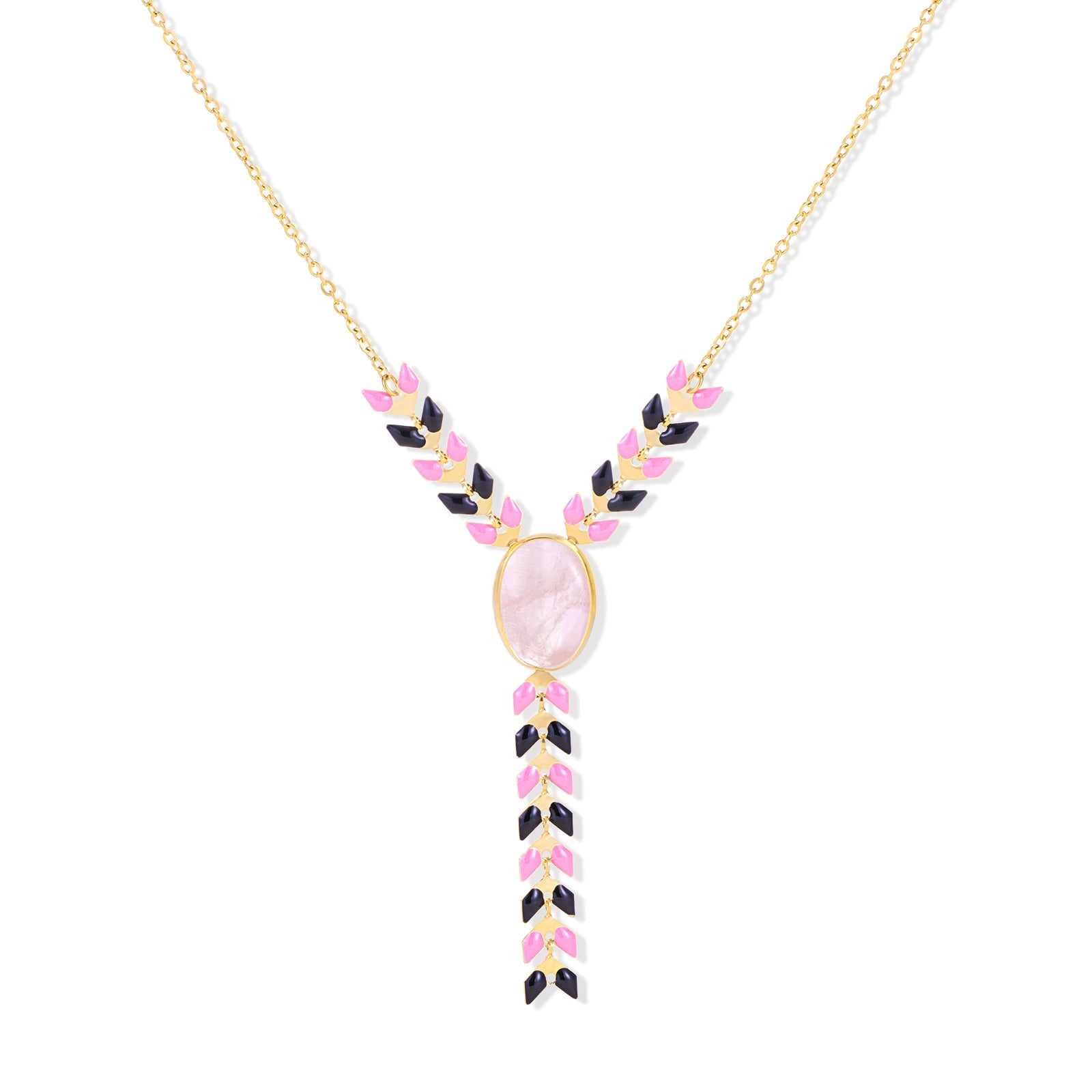 Natural Oval Stone Y-Shape Pendant Necklace 14K Gold