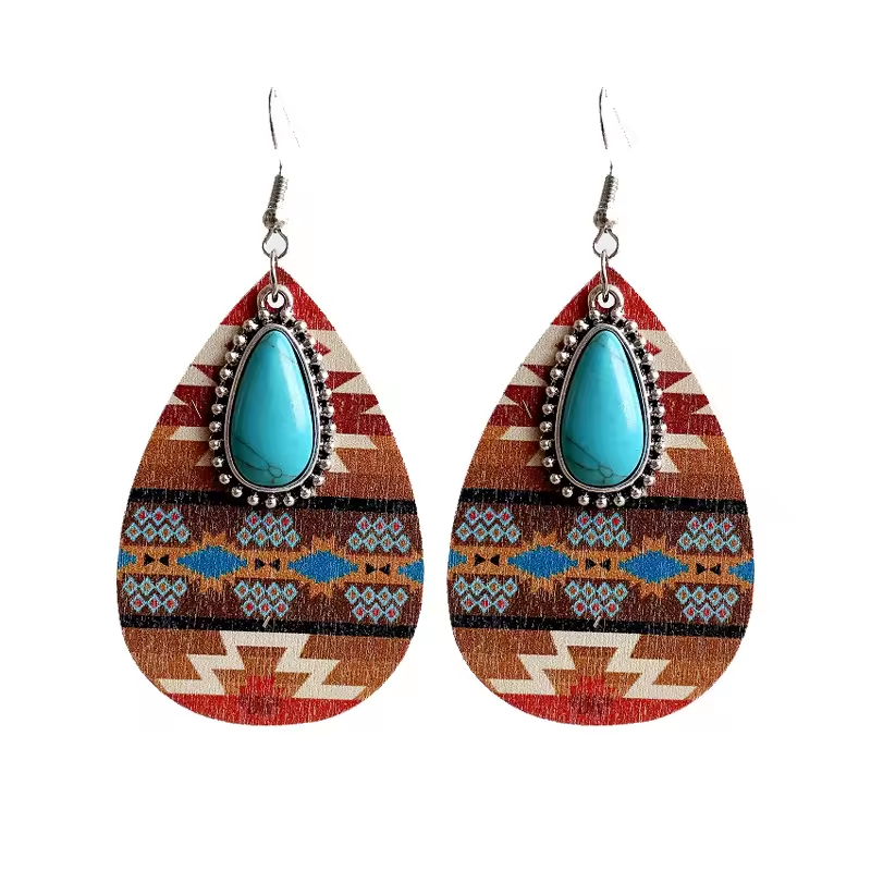 Aztec Wood Turquoise Teardrop Earrings