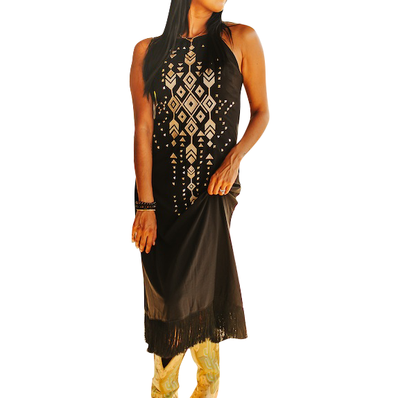 Women's Halter Aztec Embroidered & Studded Fringe Hem Dress