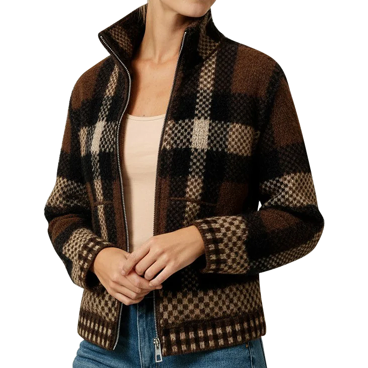 Women's High-Neck Plaid Zip-Up Cardigan Sweatshirt