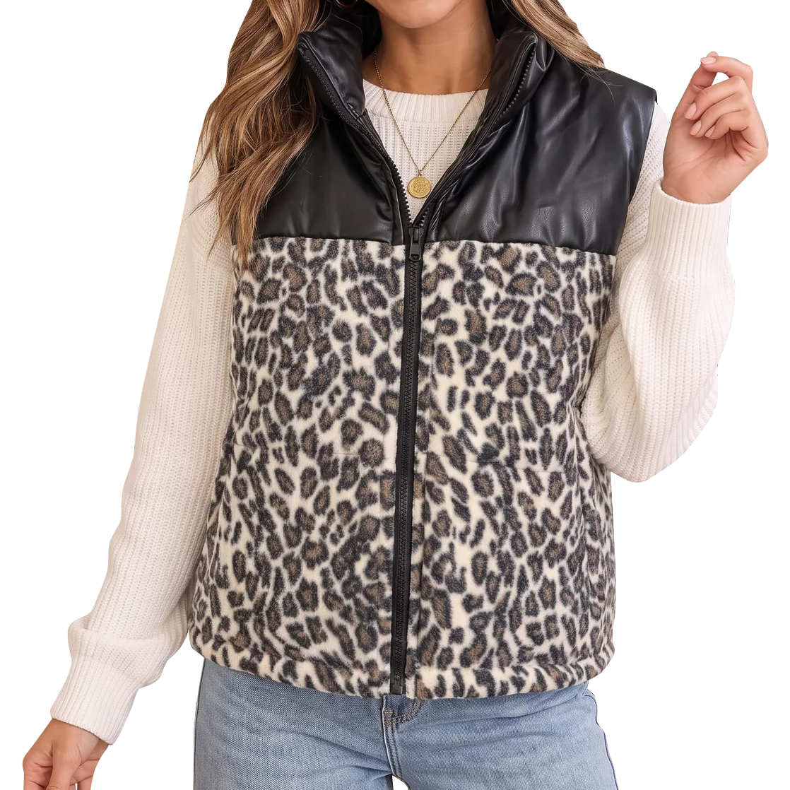 Women's Faux Leather and Leopard Print Puffer Vest