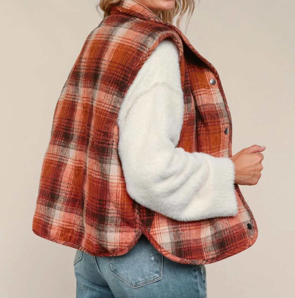 Womens High-Neck Button Up Plaid Puffer Vest