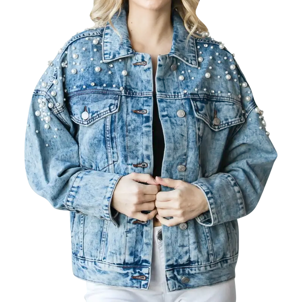 Women's Pearl & Rhinestone Overfit Denim Jacket by Veveret